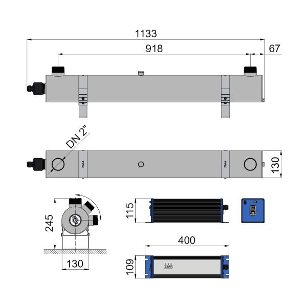 Wymiary lampy bakteriobójczej UV - TMA TM0